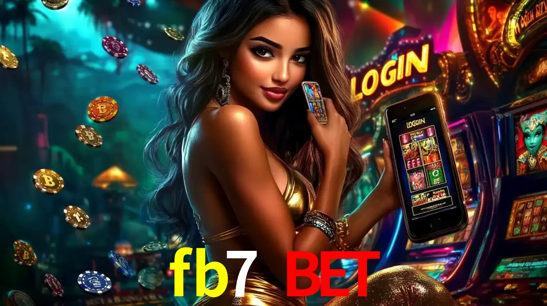 Mulher em um cenário de cassino temático de aventura, mostrando o app de caça-níqueis da fb7 bet no celular. Fichas de apostas flutuam ao redor.