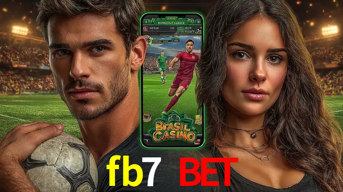 Homem segurando uma bola de futebol e uma mulher ao lado de um smartphone exibindo o jogo de apostas esportivas da fb7 bet. Faça seu palpite no cassino online.